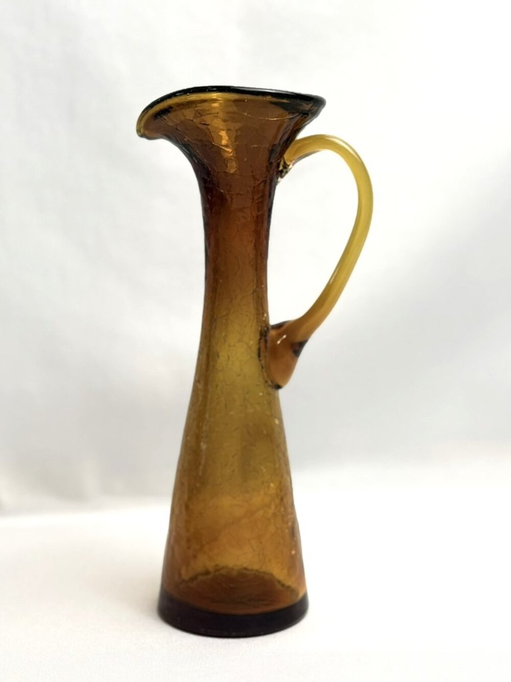 Amber Vintage Crackle Pitcher Vase Applied Handle Glows Under UV 8”